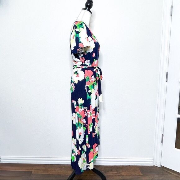 🍋 GAP • Women’s Floral Maxi Wrap Dress in Navy w/ Asymmetrical Hem Size M - Picture 3 of 6
